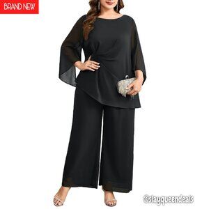Plus Size Chiffon Pantsuit Set Asymmetric Top Wide Leg Wedding Guest Outfit